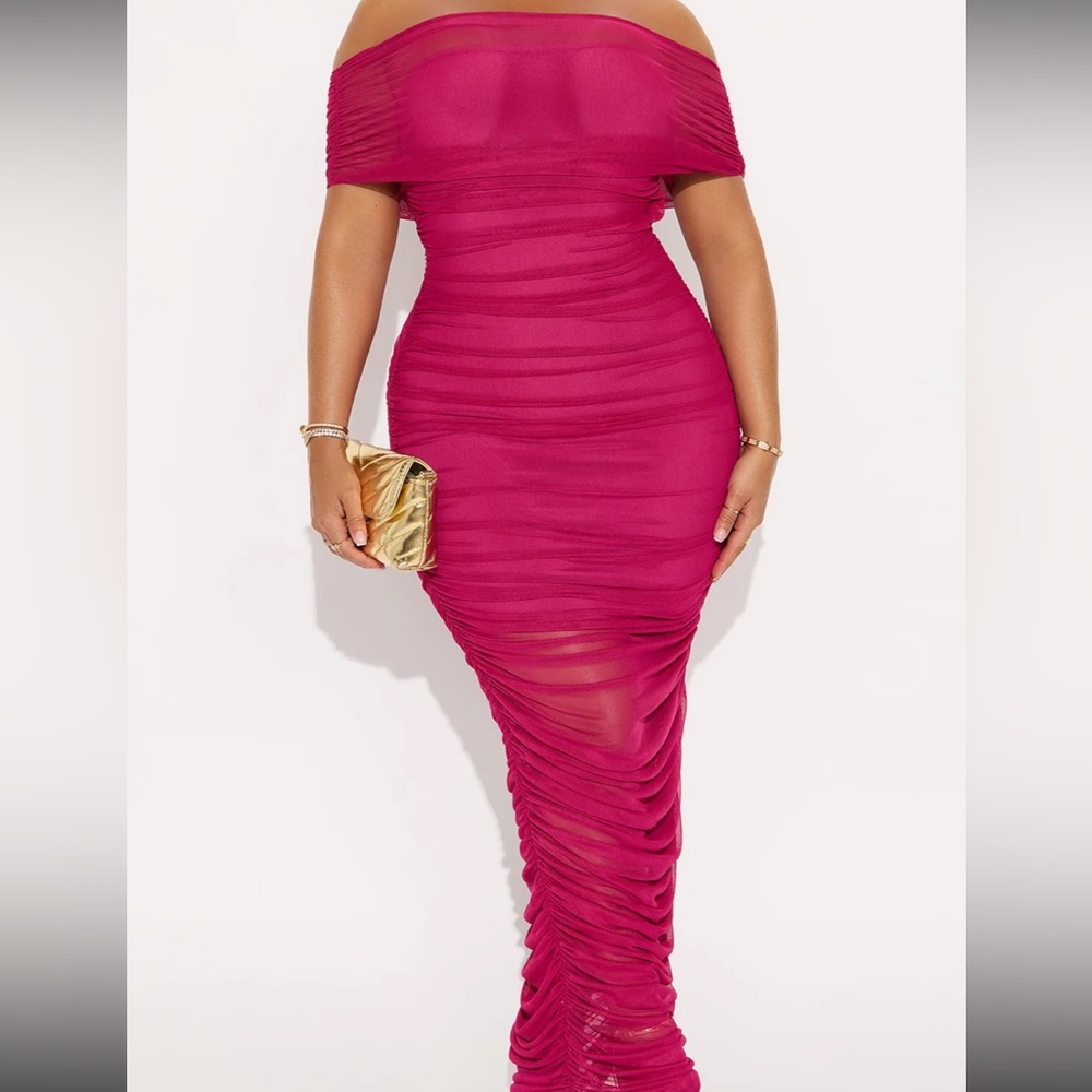 Chic Off-Shoulder Fuchsia Midi Dress